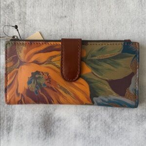 Patricia Nash NAZARI Leather Bifold Wallet Floral Marigold Harvest Blue Brown